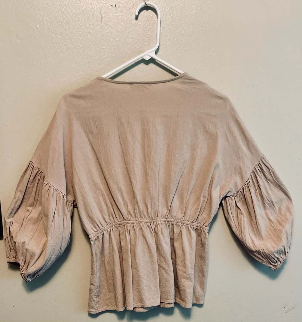 Baby Doll Tie Front Balloon Sleeve Boho Peasant top 100% Cotton, M - Picture 2 of 6